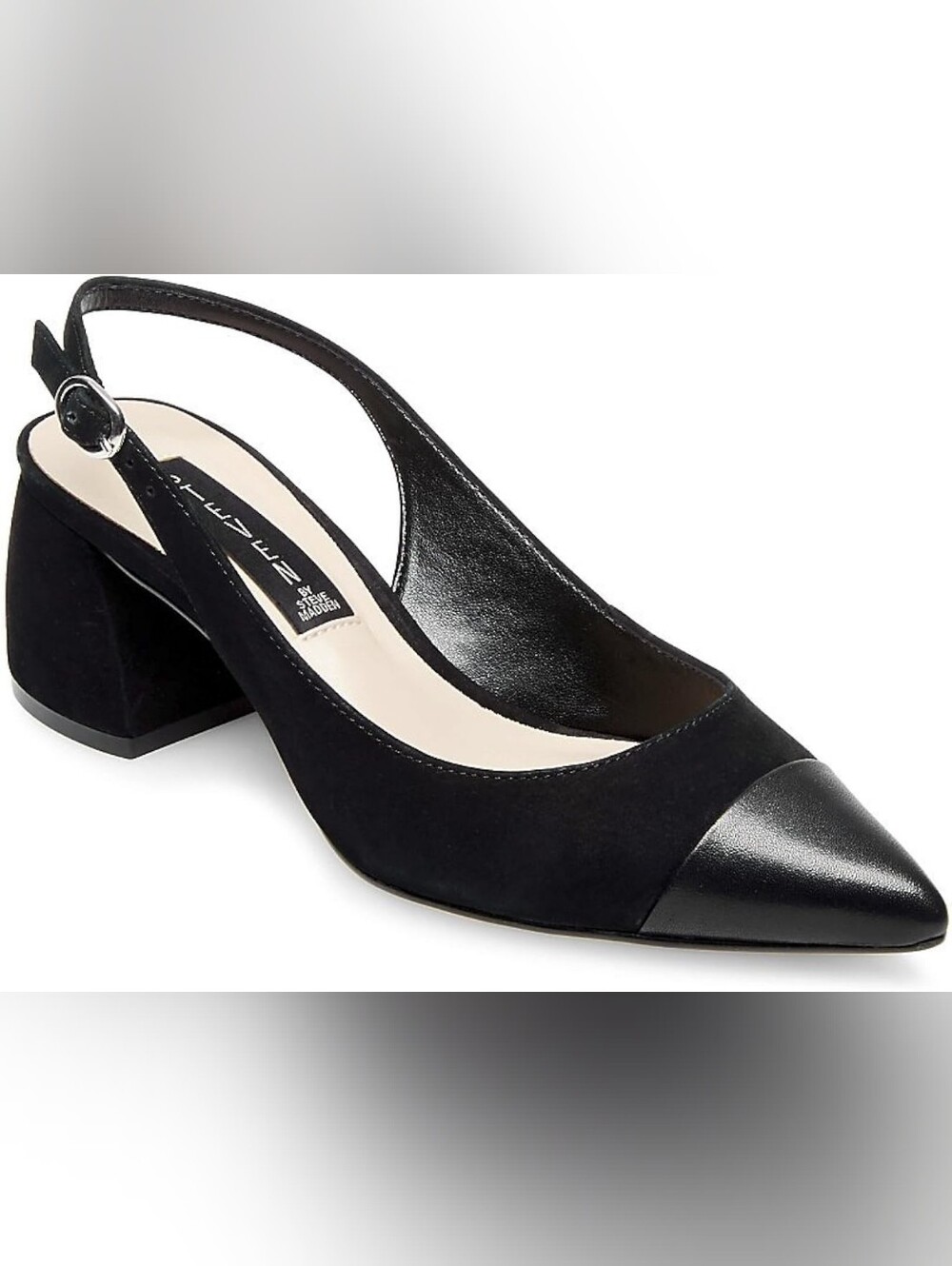 Black Pointed Suede Slingback Agent Block Heel Pumps